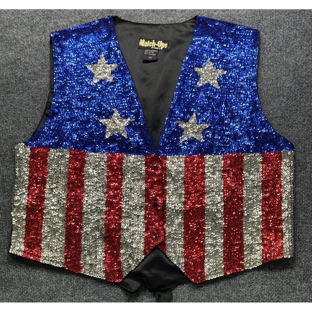 USA Flag Sequin Vest Women's XL Match Ups Patriotic Red White Blue Stars Stripes